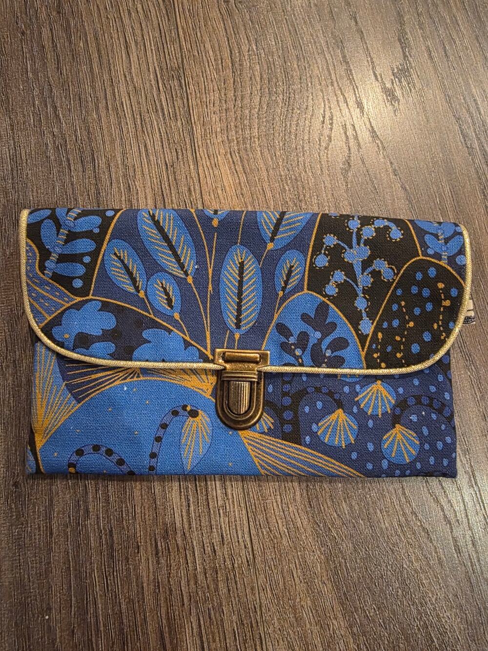 Handmade in Spain Blue & Gold Fabric Clutch Wallet with Twist Lock & Zip Pocket